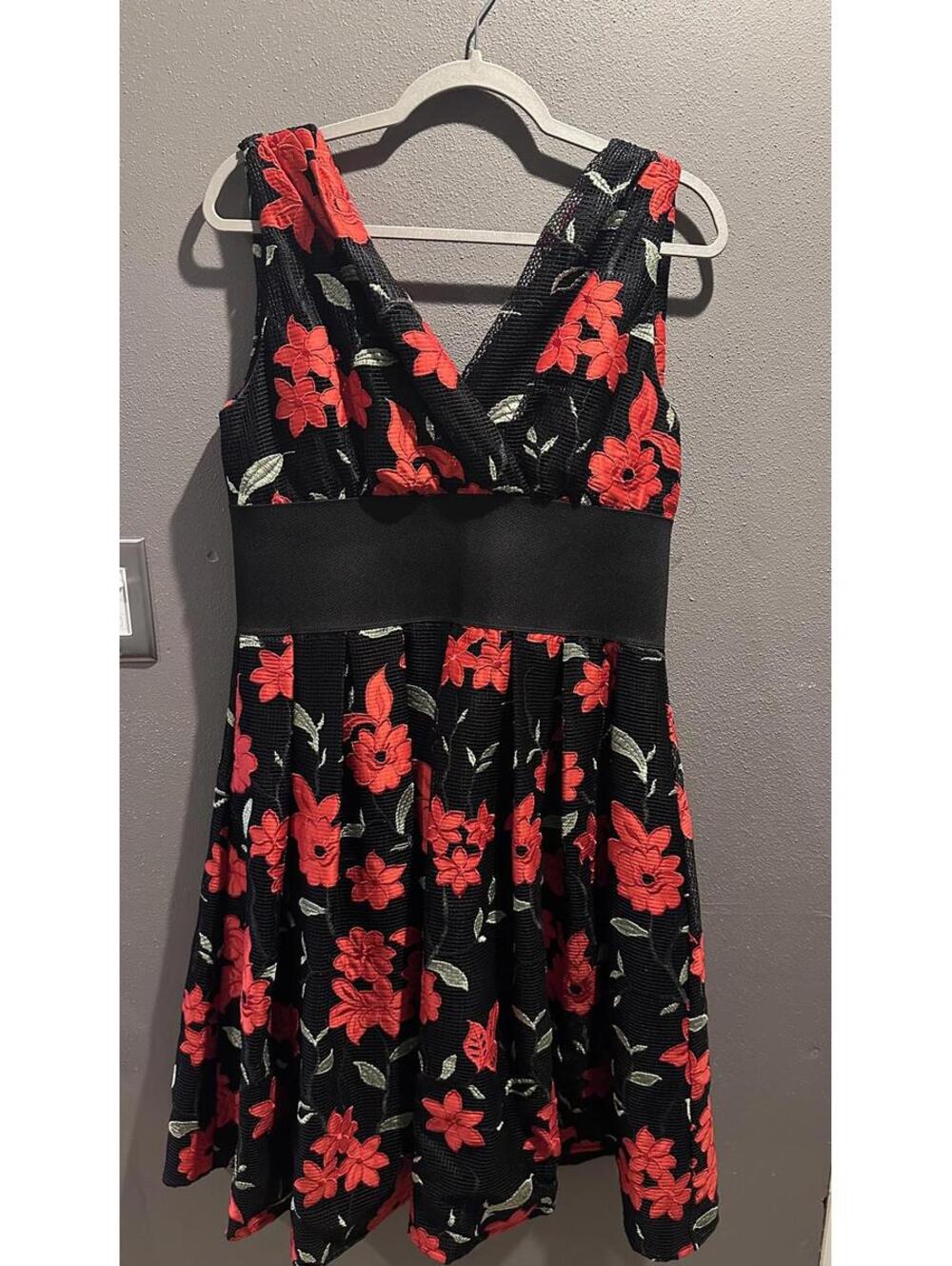 Anne Fontaine Black Dress with Red Floral Embroidery Size 10
